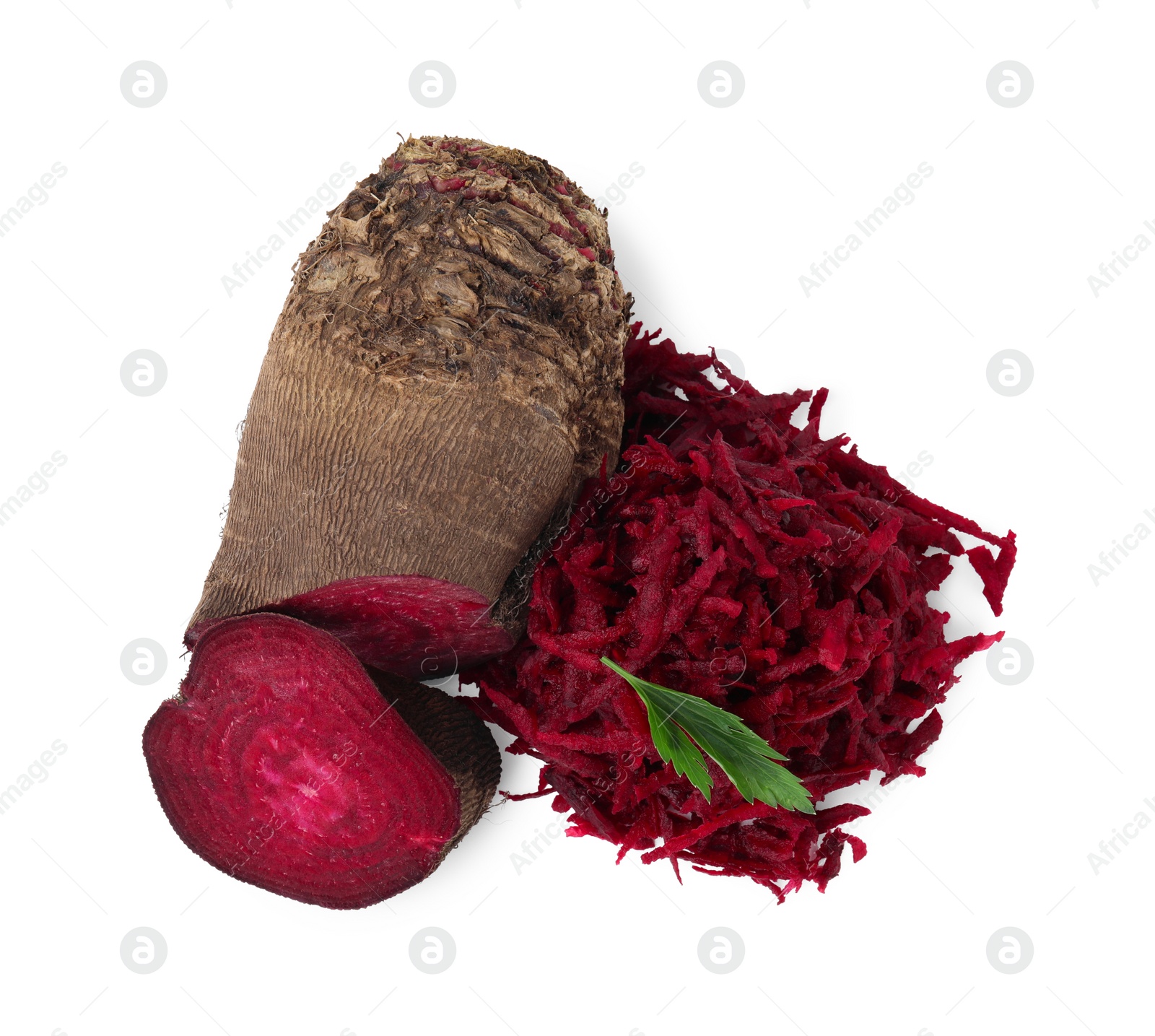 Photo of Cut and grated red beets isolated on white, top view