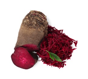 Photo of Cut and grated red beets isolated on white, top view
