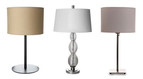 Image of Collage with different stylish night lamps on white background. Banner design