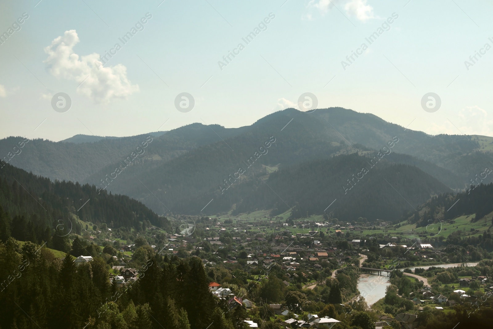 Photo of Picturesque landscape with forest and village in mountains