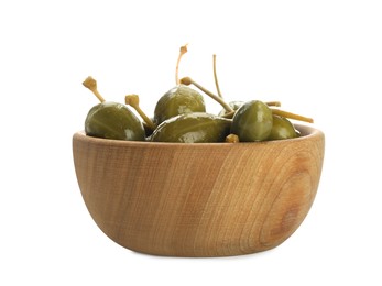 Photo of Capers in wooden bowl isolated on white