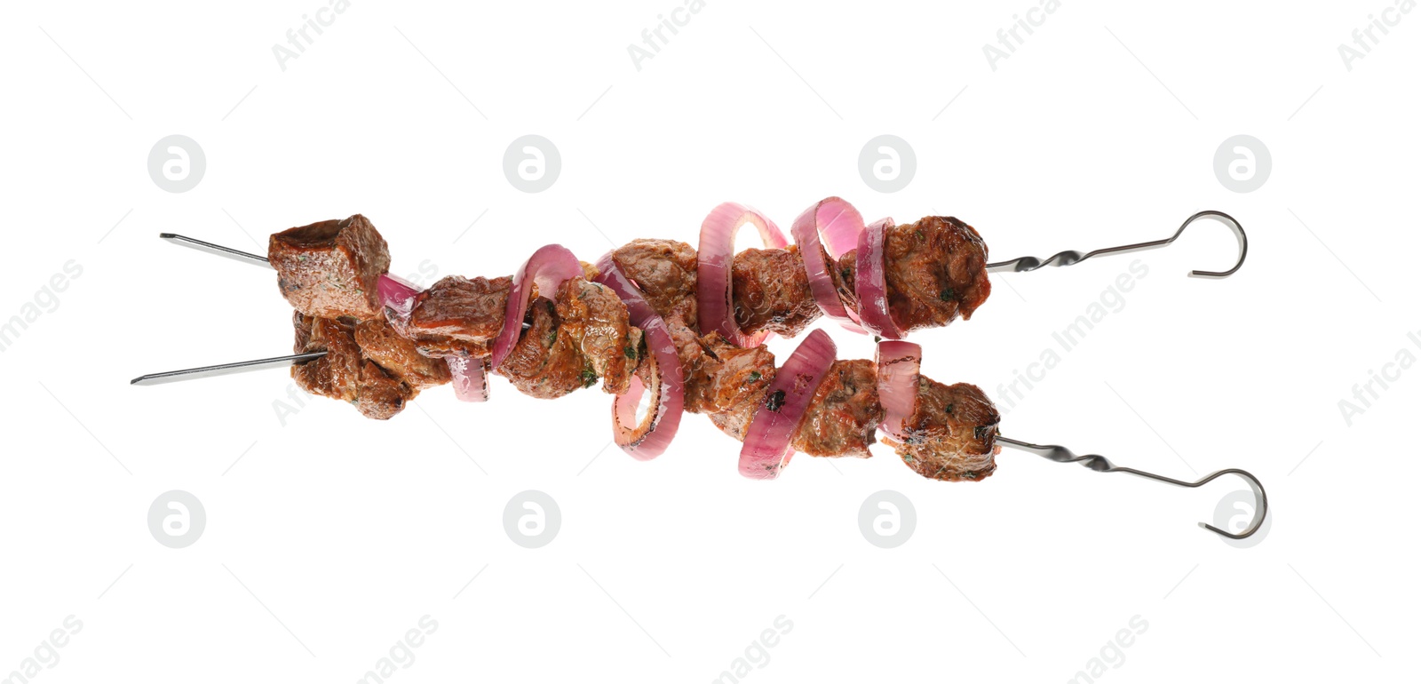Photo of Metal skewers with delicious meat and onion on white background, top view