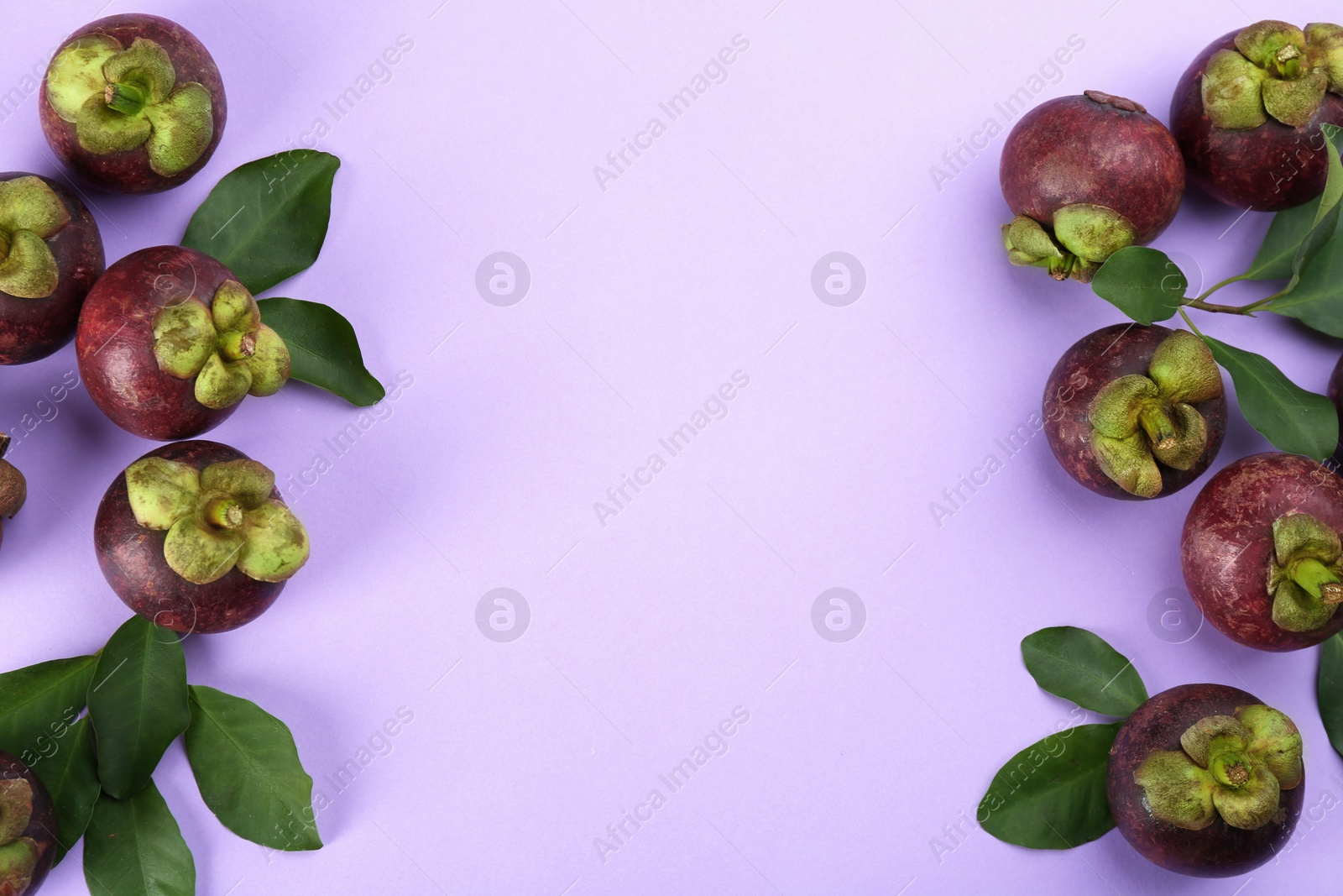 Photo of Fresh ripe mangosteen fruits with green leaves on light violet background, flat lay. Space for text