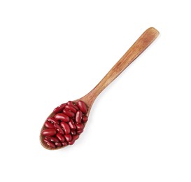 Photo of Wooden spoon with raw red kidney beans isolated on white, top view