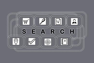 Search inquiries. Set of linked icons on grey background