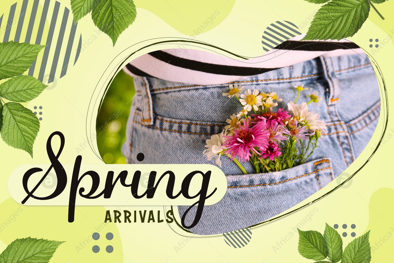 Image of Spring arrivals flyer design. Woman with flowers in back pocket of jeans, leaves and text on light green background