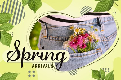 Image of Spring arrivals flyer design. Woman with flowers in back pocket of jeans, leaves and text on light green background