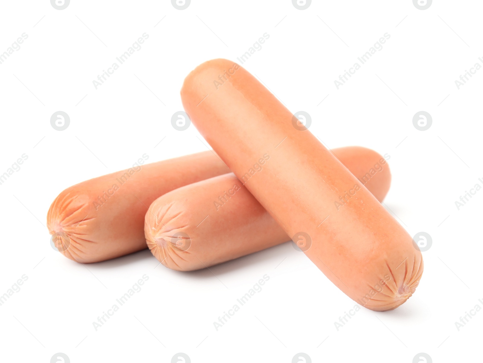 Photo of Many delicious boiled sausages on white background