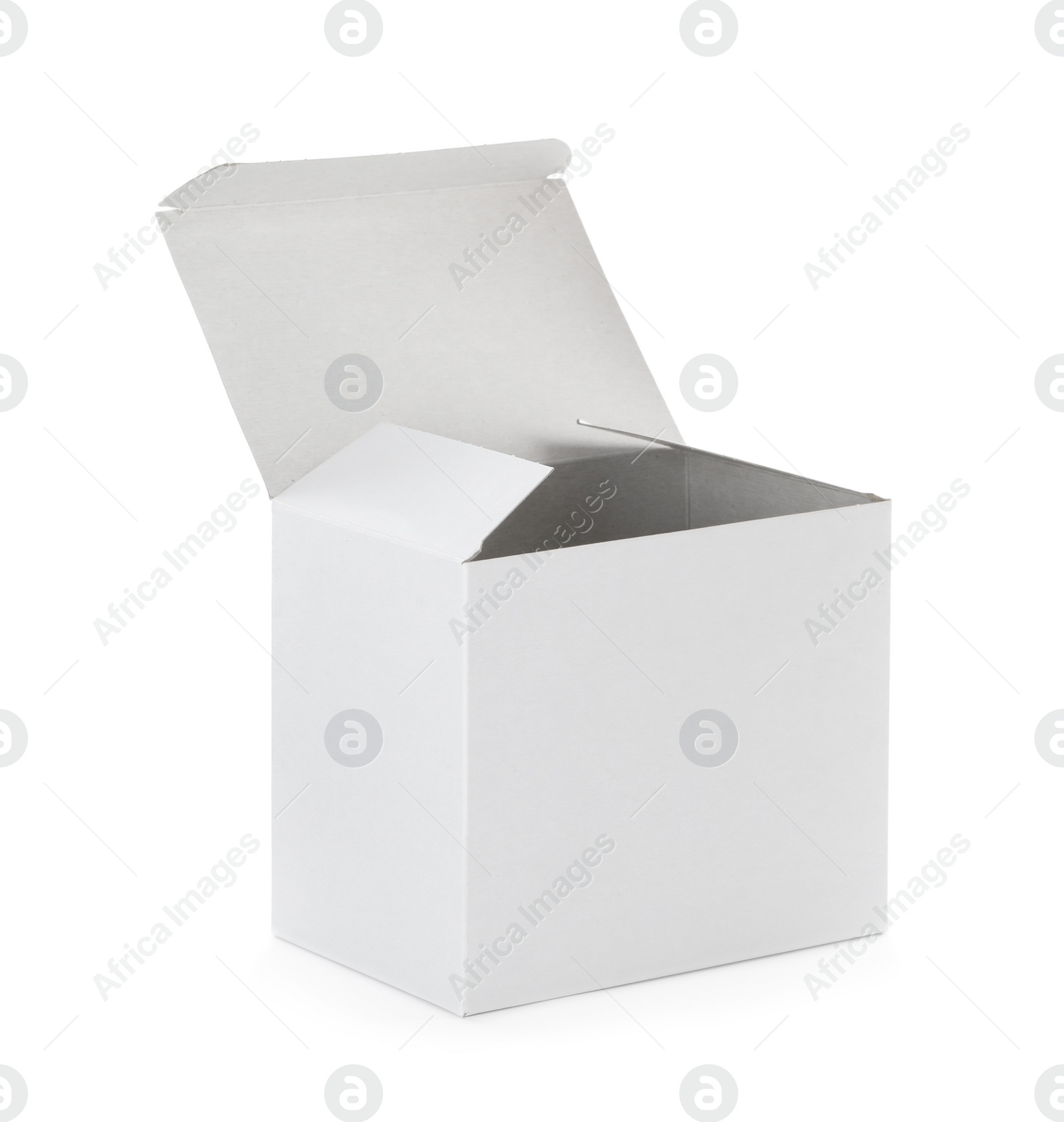 Photo of Open blank cardboard box isolated on white