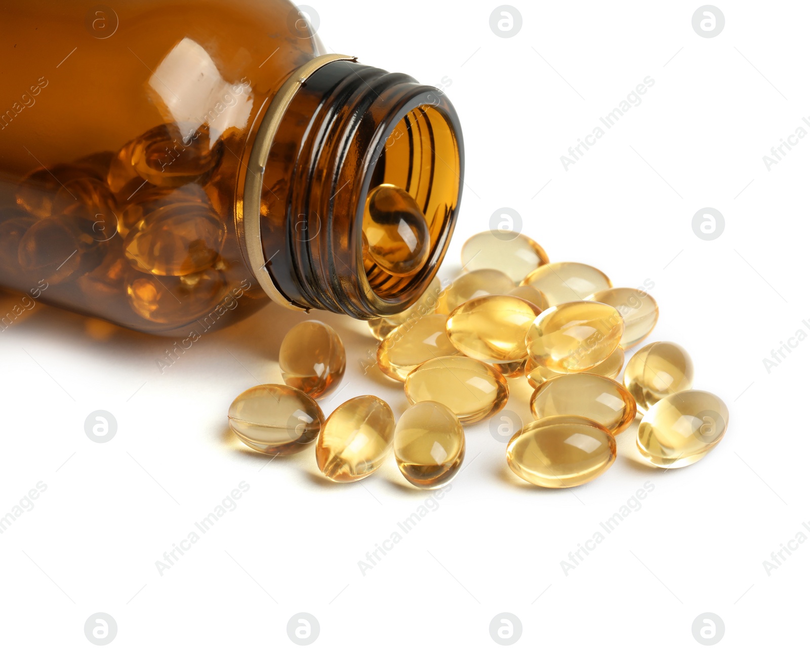 Photo of Bottle with cod liver oil pills on white background