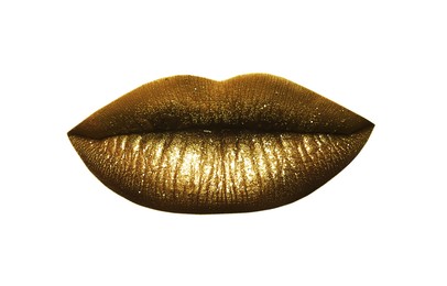 Beautiful lips with shiny golden lipstick on white background, closeup