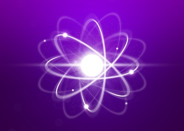 Illustration of Virtual model of atom on purple background. Illustration