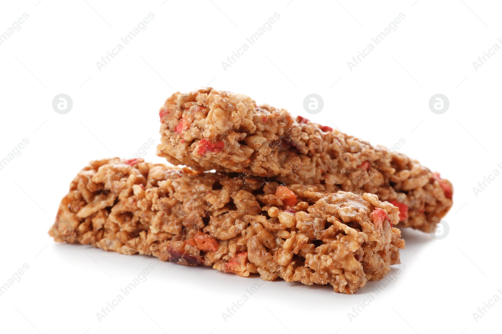 Photo of Tasty protein bars on white background. Healthy snack