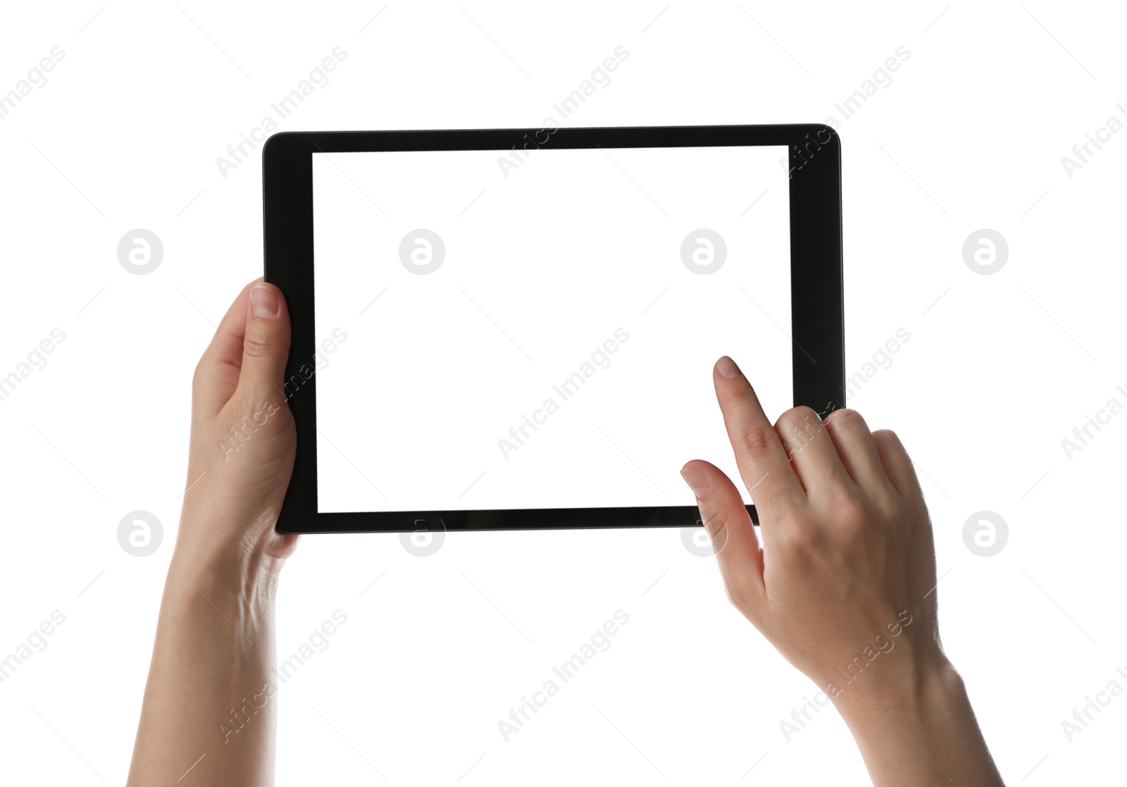 Photo of Woman using tablet computer with blank screen on white background, closeup. Modern gadget