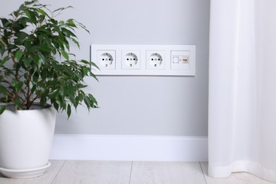 Photo of Electric power sockets on light grey wall indoors