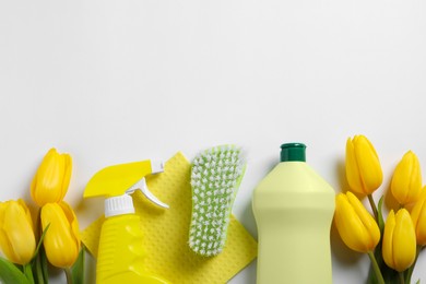 Spring cleaning. Detergents, flowers, brush and rag on white background, flat lay. Space for text
