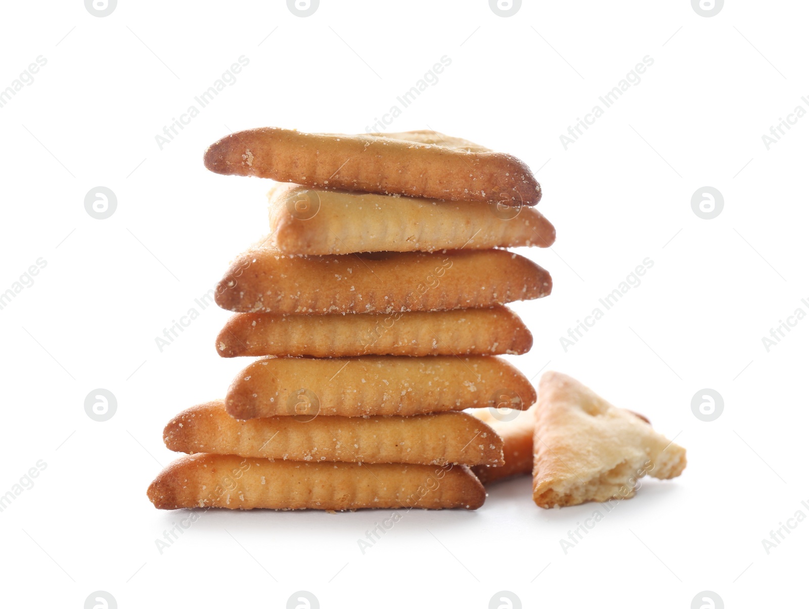 Photo of Stack of delicious crispy crackers isolated on white