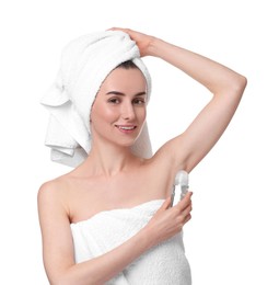 Photo of Beautiful woman applying deodorant on white background