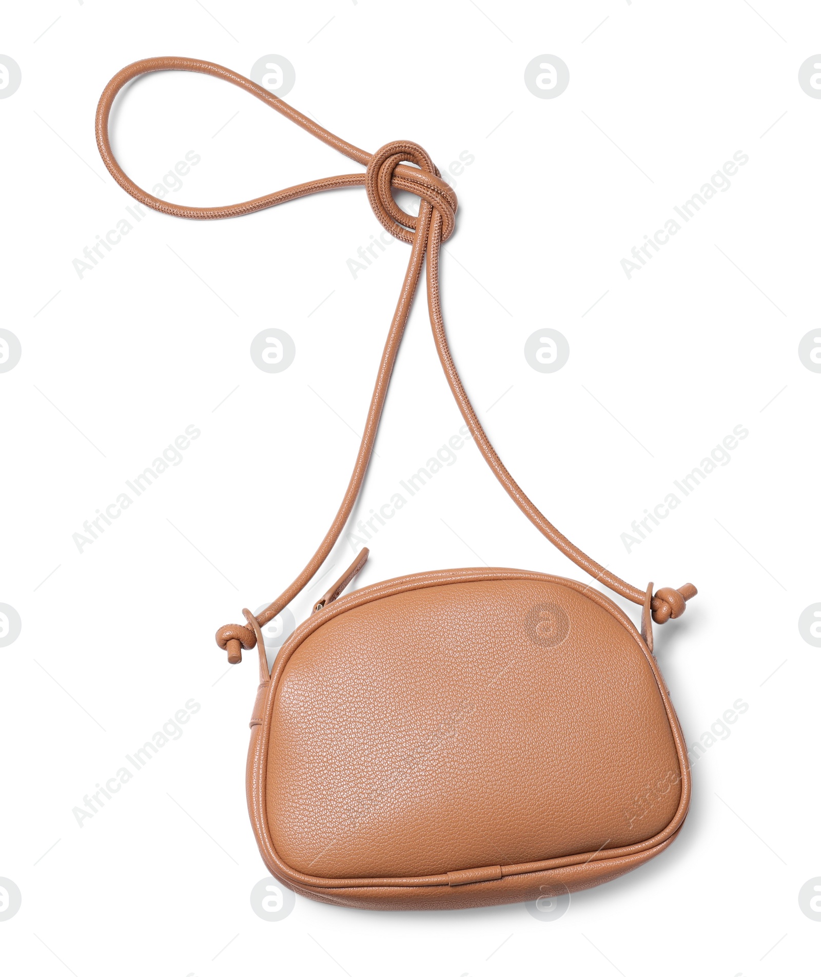 Photo of Stylish light brown leather handbag isolated on white, top view