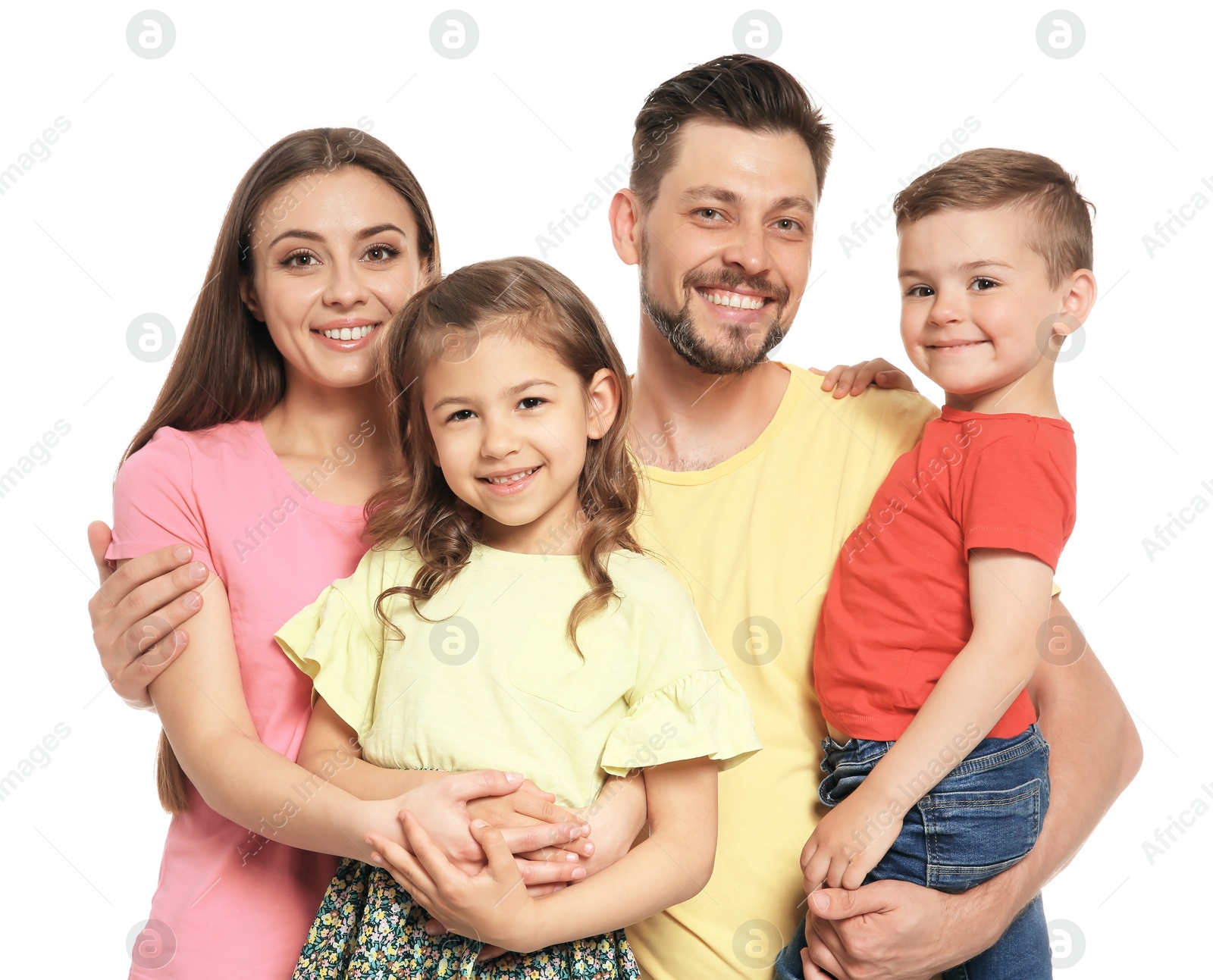 Photo of Portrait of happy family with children on white background