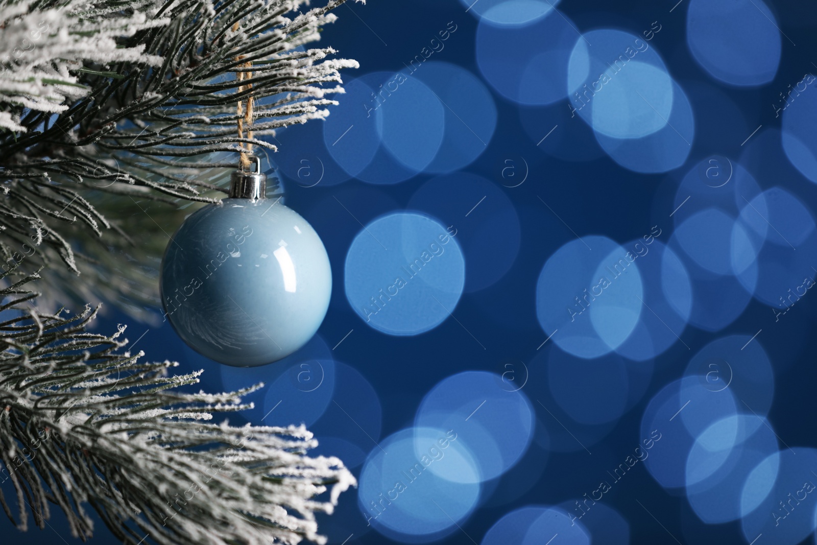 Photo of Beautiful holiday bauble hanging on Christmas tree against blue background with blurred festive lights