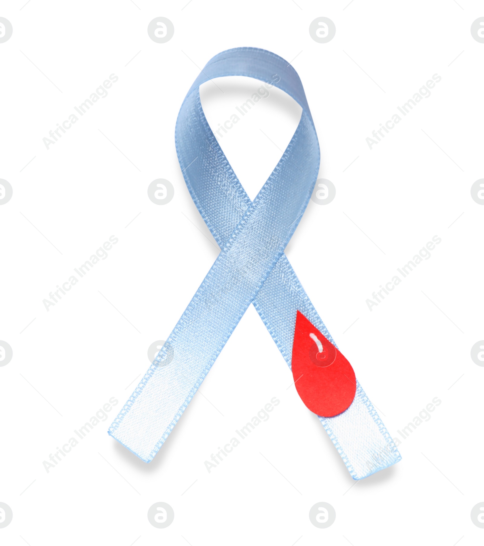 Photo of Light blue ribbon with paper blood drop on white background, top view. Diabetes awareness