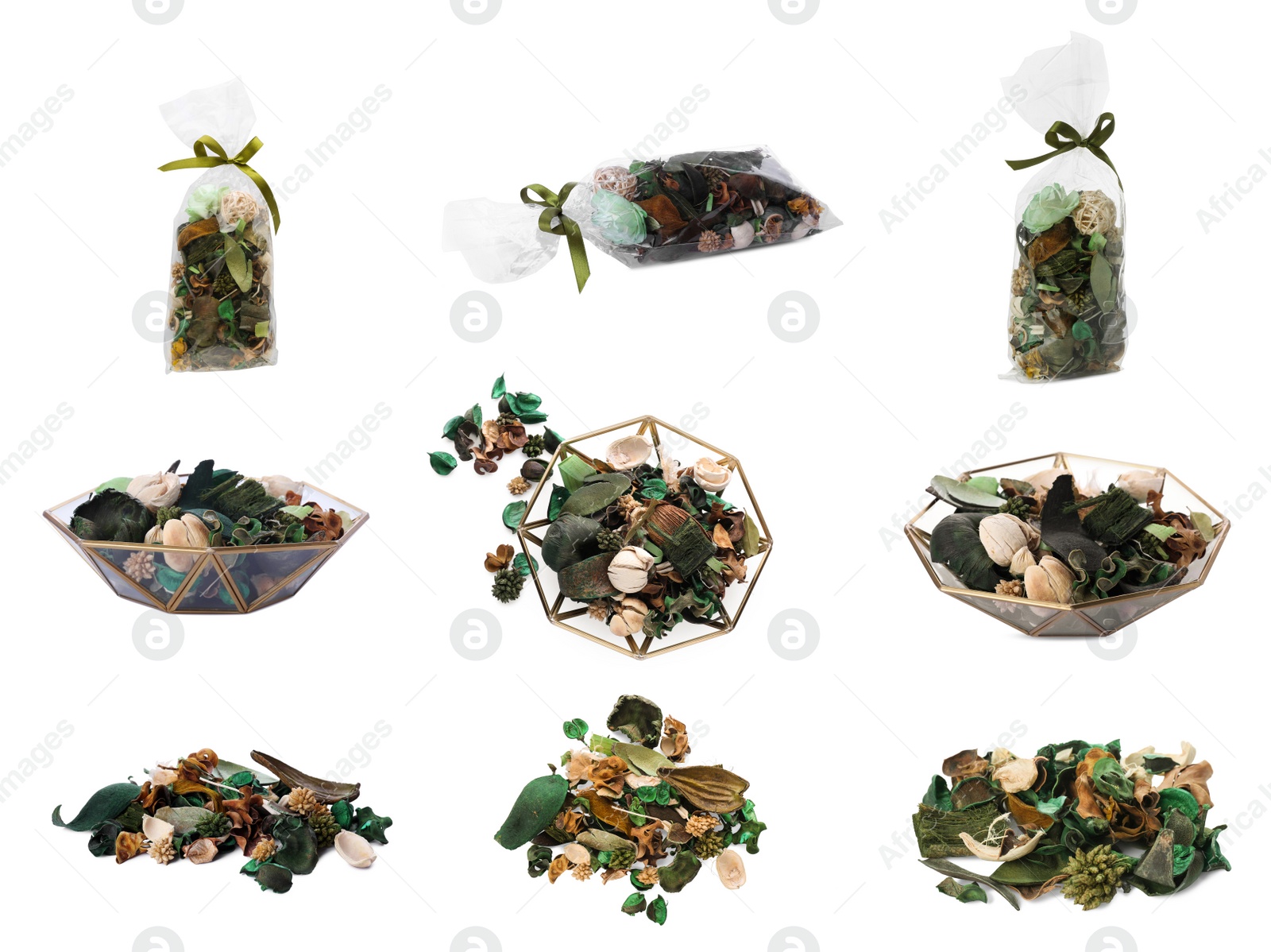 Image of Set with scented sachets and bowls with potpourri on white background