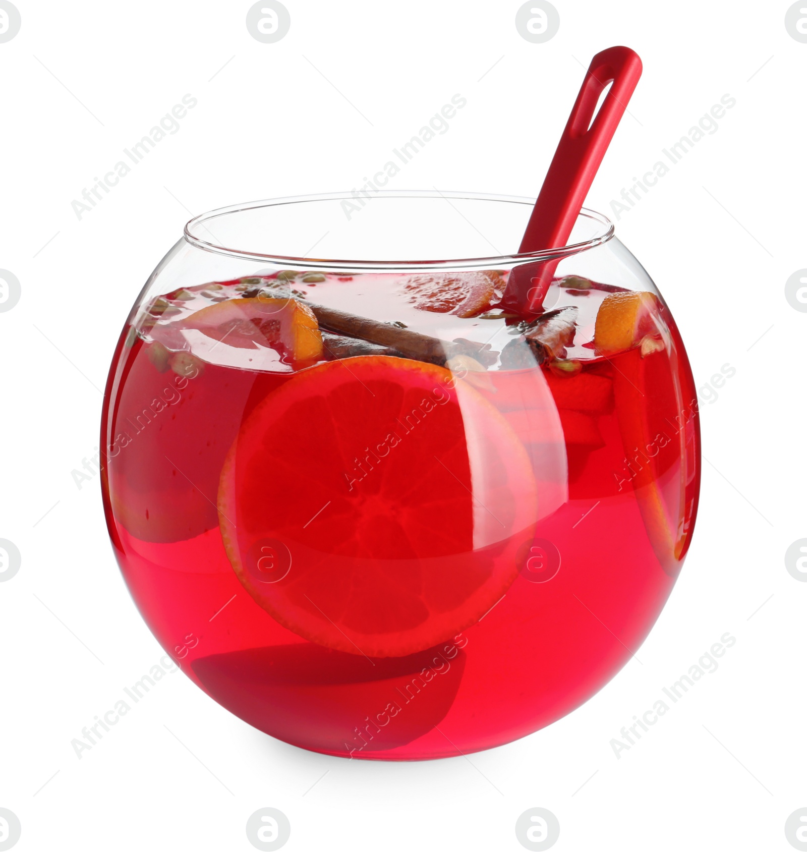 Photo of Glass bowl of aromatic punch drink isolated on white