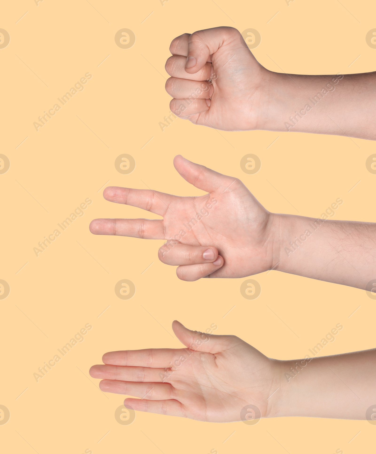 Image of People playing rock, paper and scissors on beige background, closeup