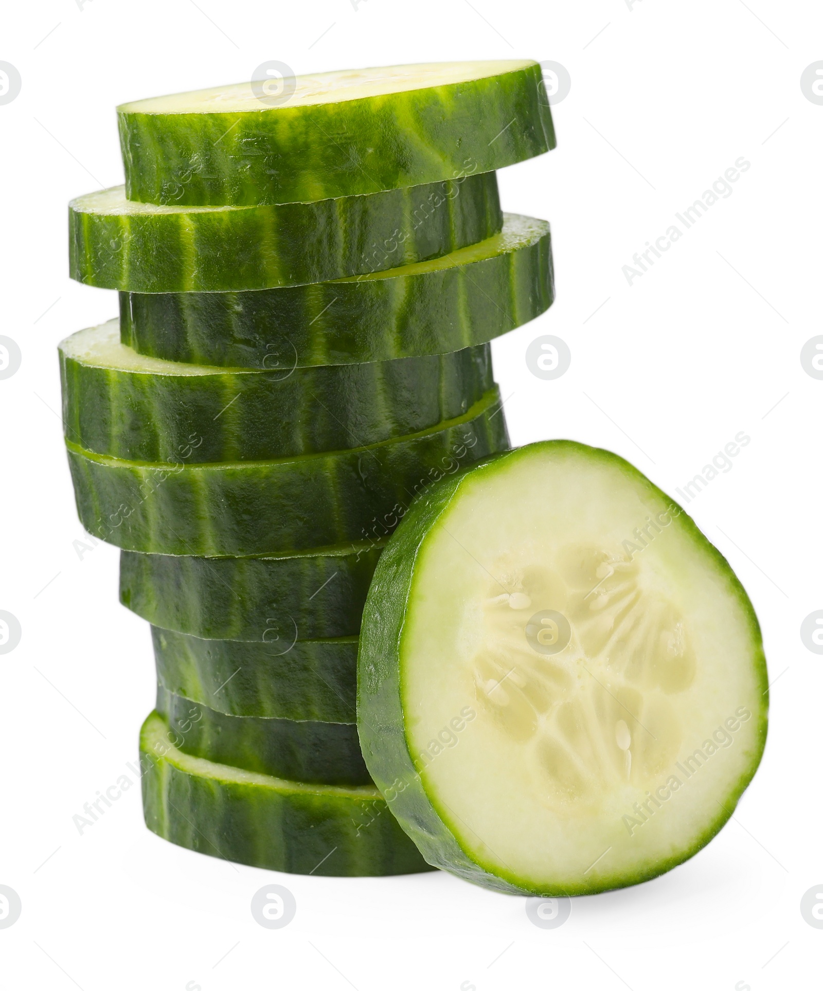 Photo of Stack of fresh cut cucumber isolated on white