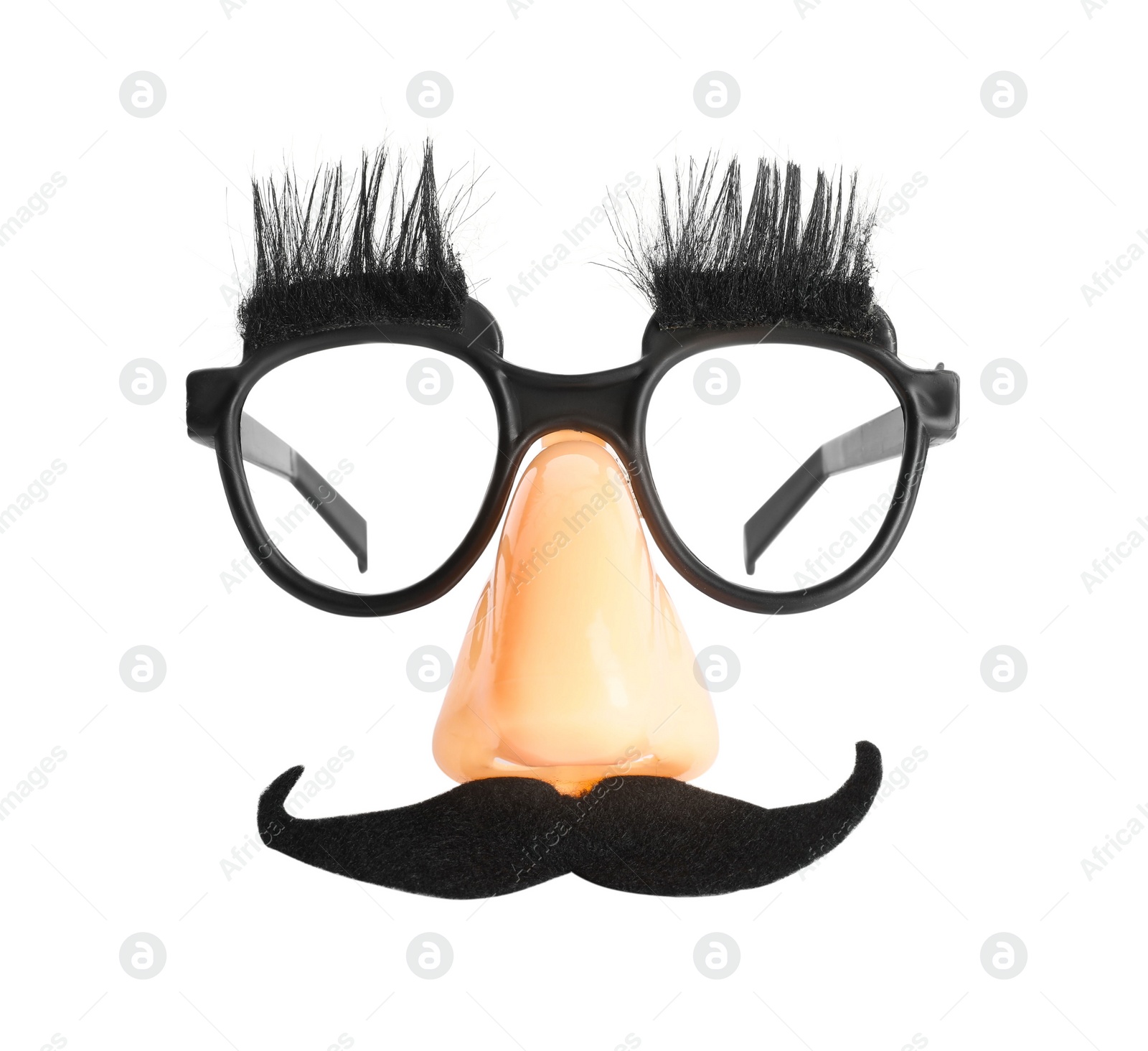 Photo of Funny mask with fake mustache, nose and glasses isolated on white