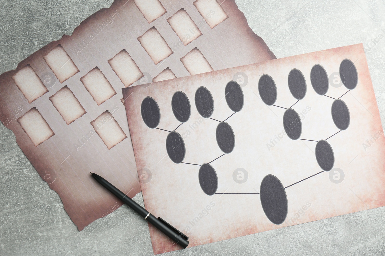 Photo of Blank family tree charts and pen on grey table, flat lay