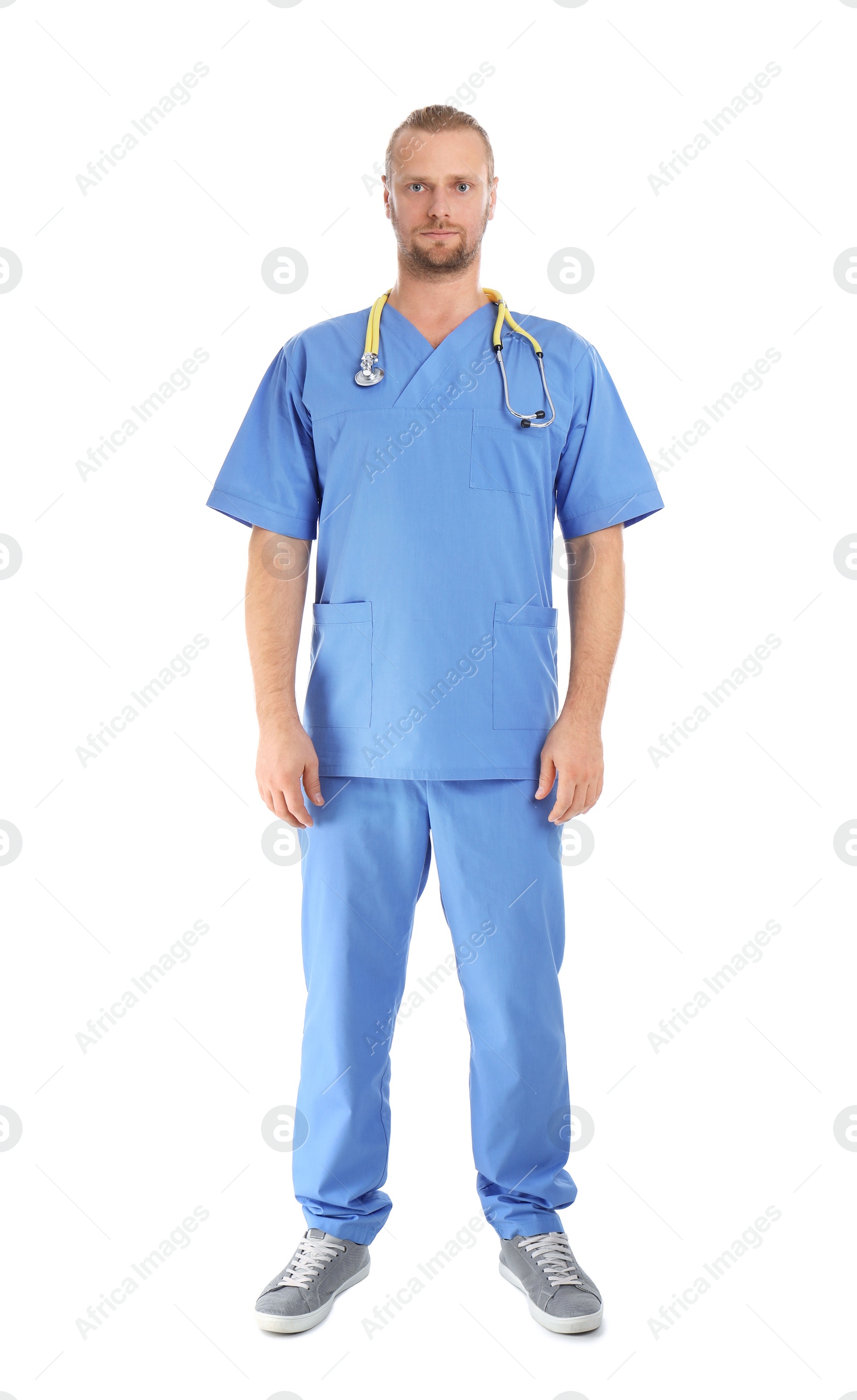 Photo of Full length portrait of medical assistant with stethoscope on white background