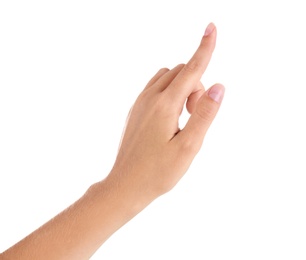 Photo of Abstract young woman's hand on white background