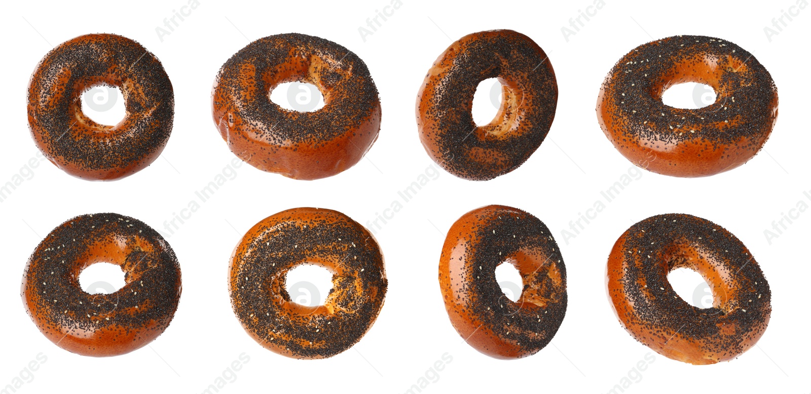 Image of Set with tasty fresh bagels on white background. Banner design