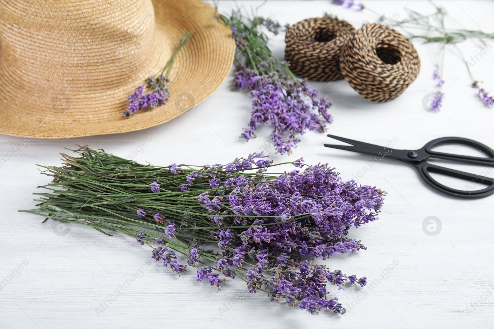 Photo of Composition with lavender flowers on light background