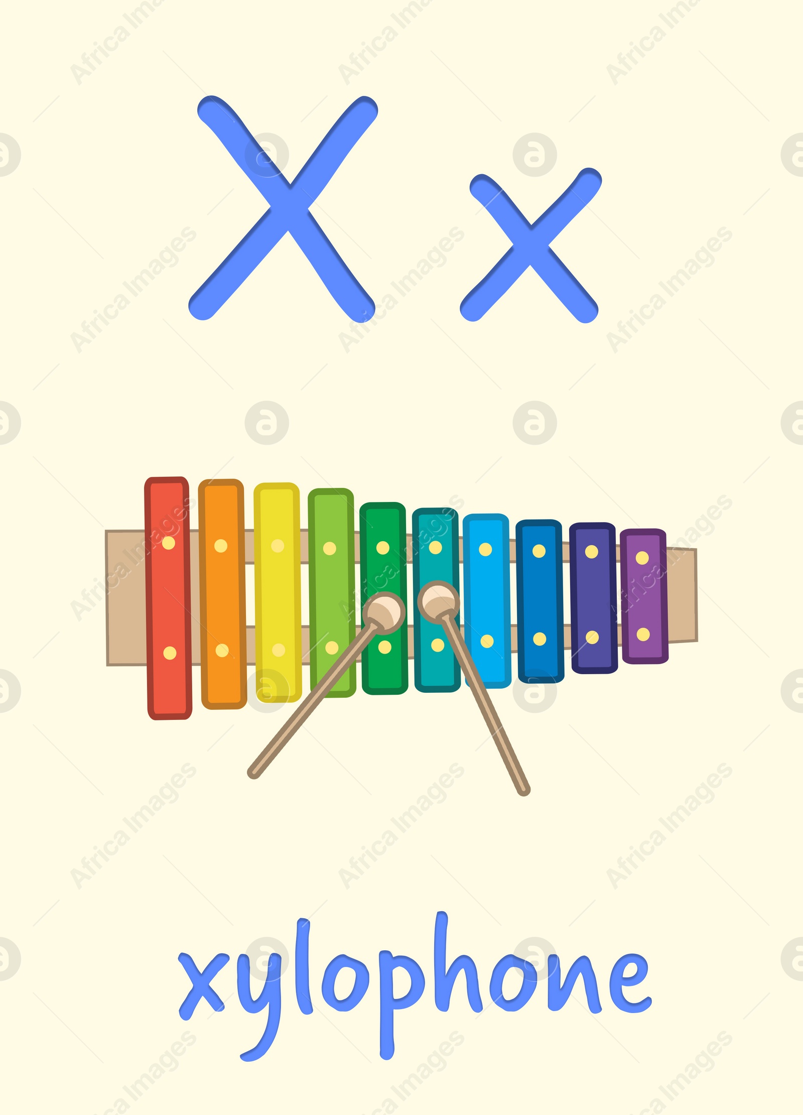Illustration of Learning English alphabet. Card with letter X and xylophone, illustration