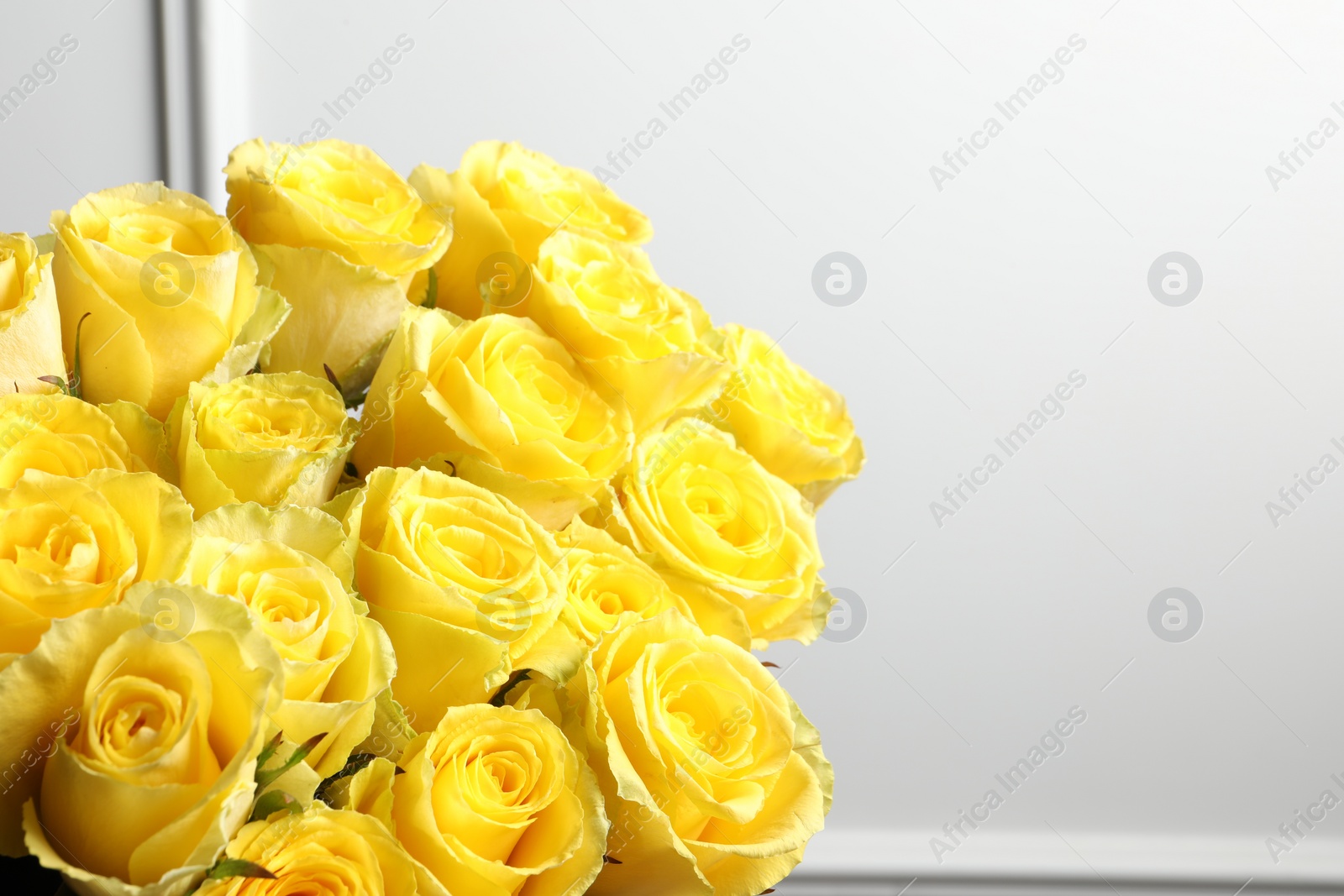 Photo of Beautiful bouquet of yellow roses near white wall, closeup. Space for text