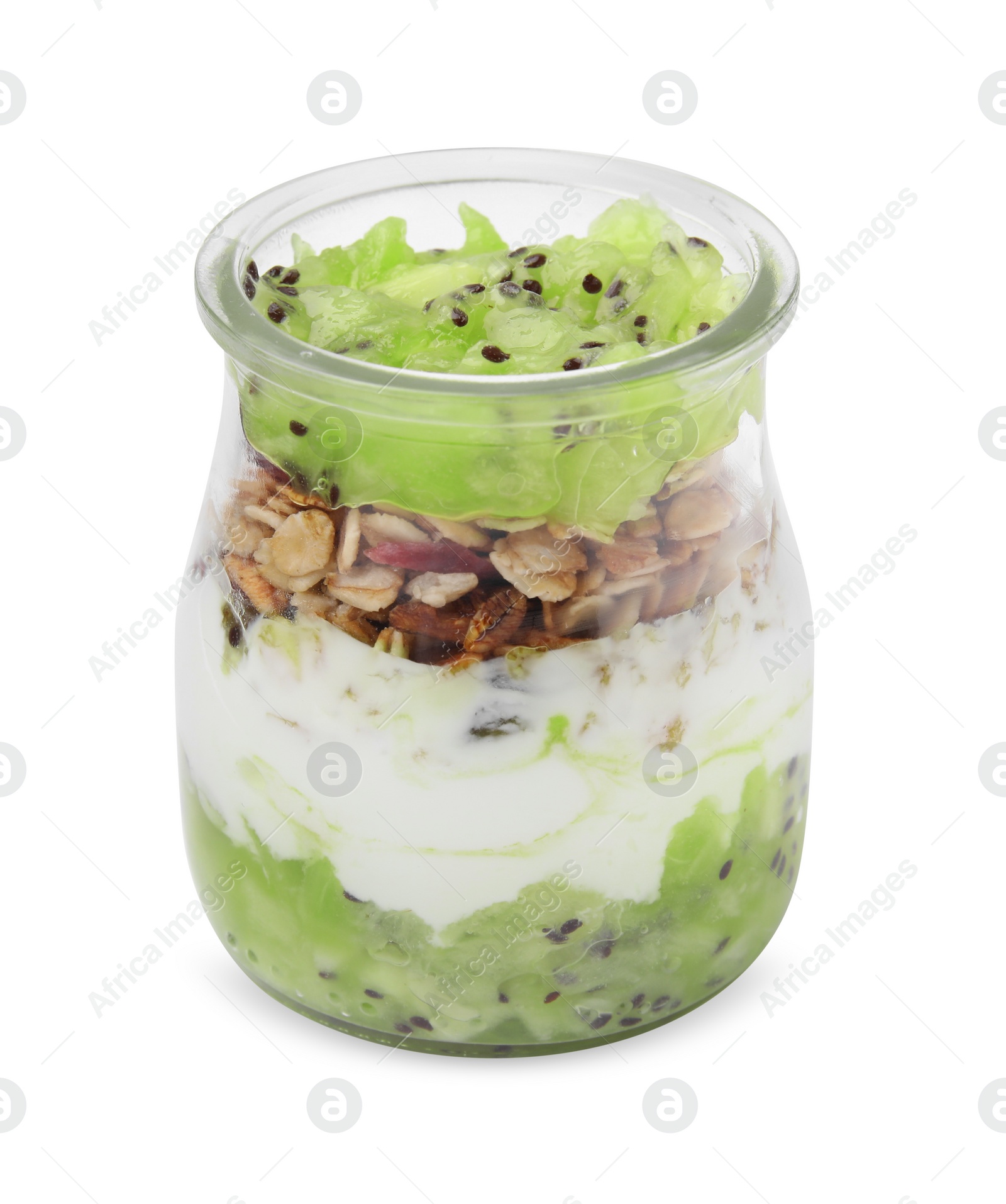 Photo of Delicious dessert with kiwi, muesli and yogurt isolated on white