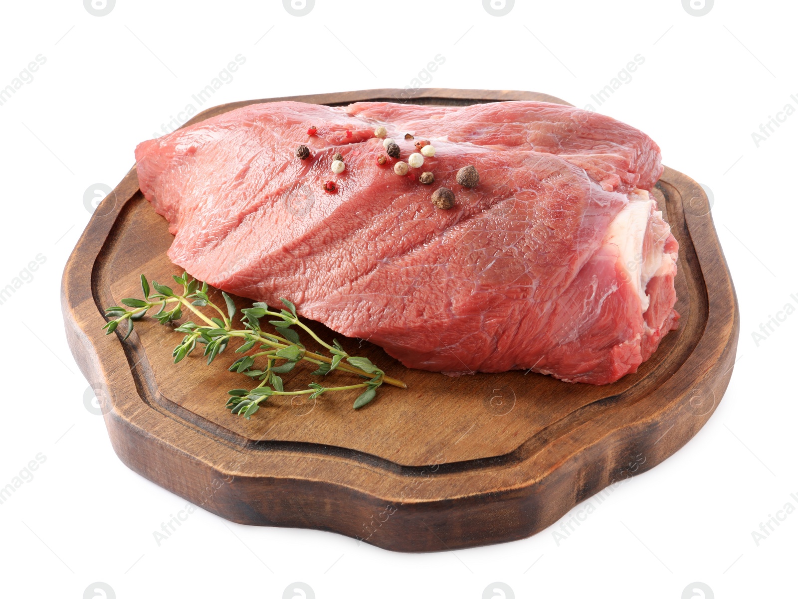 Photo of Piece of raw beef meat with spices and thyme isolated on white