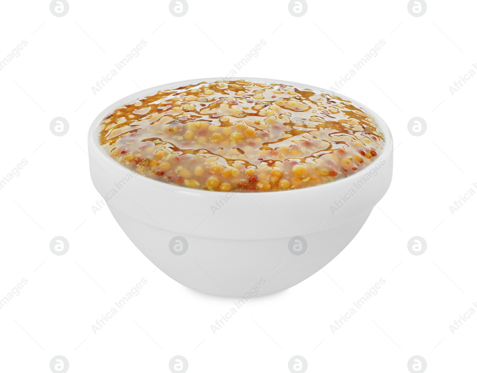 Photo of Fresh whole grain mustard in bowl isolated on white