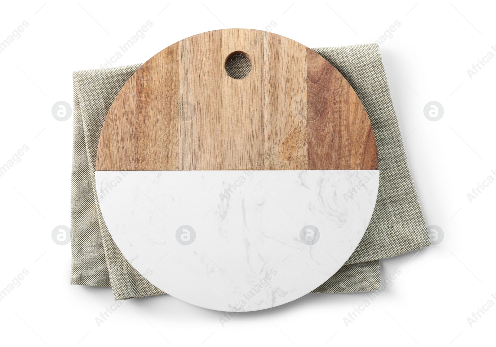 Photo of Cutting board and kitchen towel on white background, top view