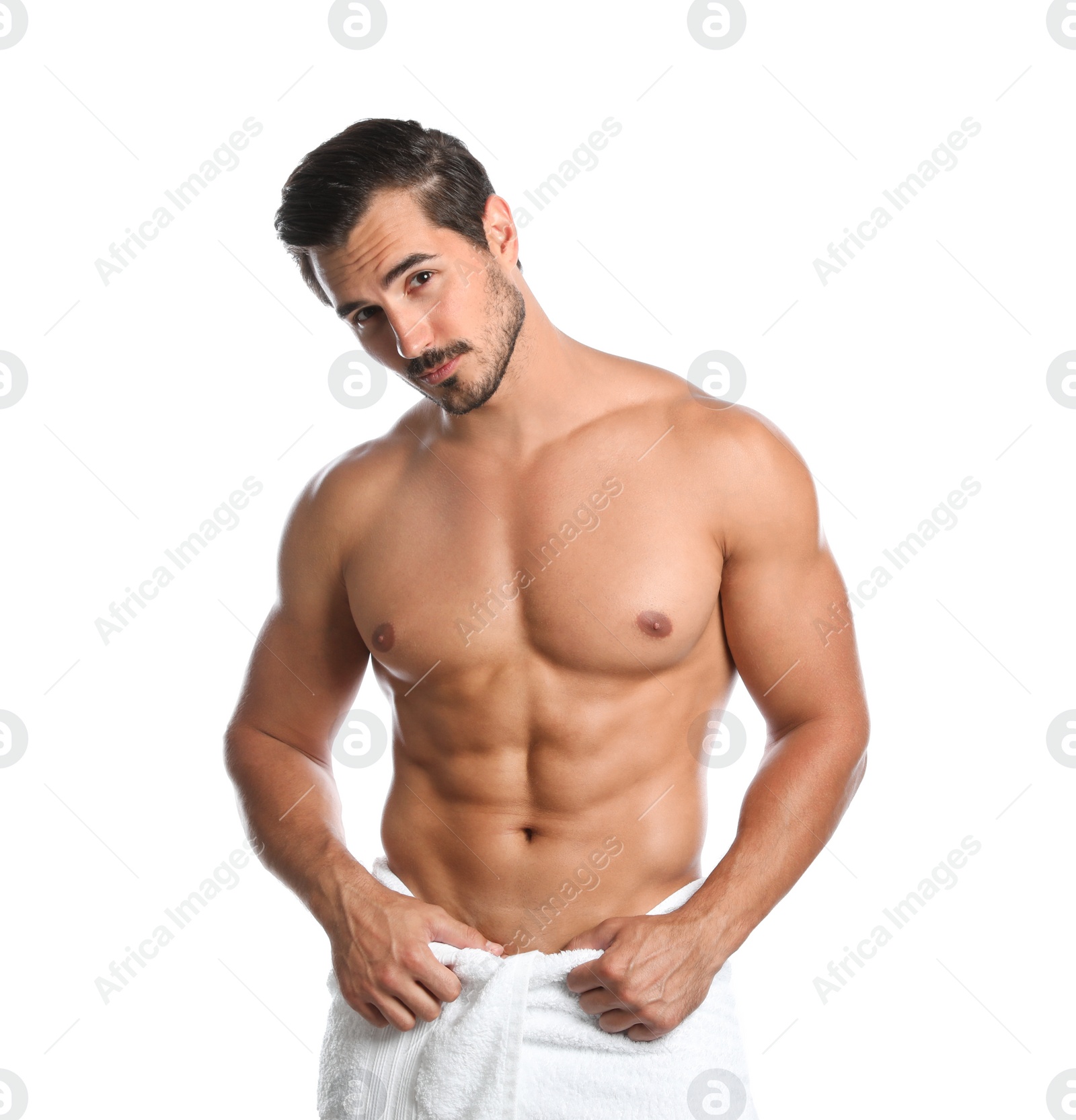 Photo of Young man with slim body on white background