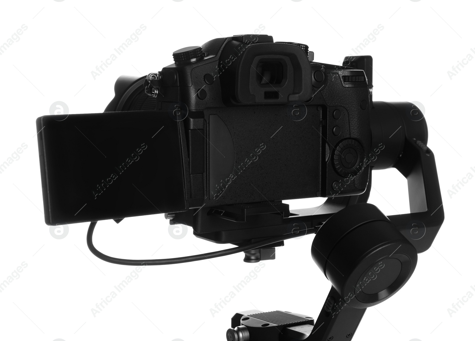 Photo of Modern professional video camera isolated on white, closeup