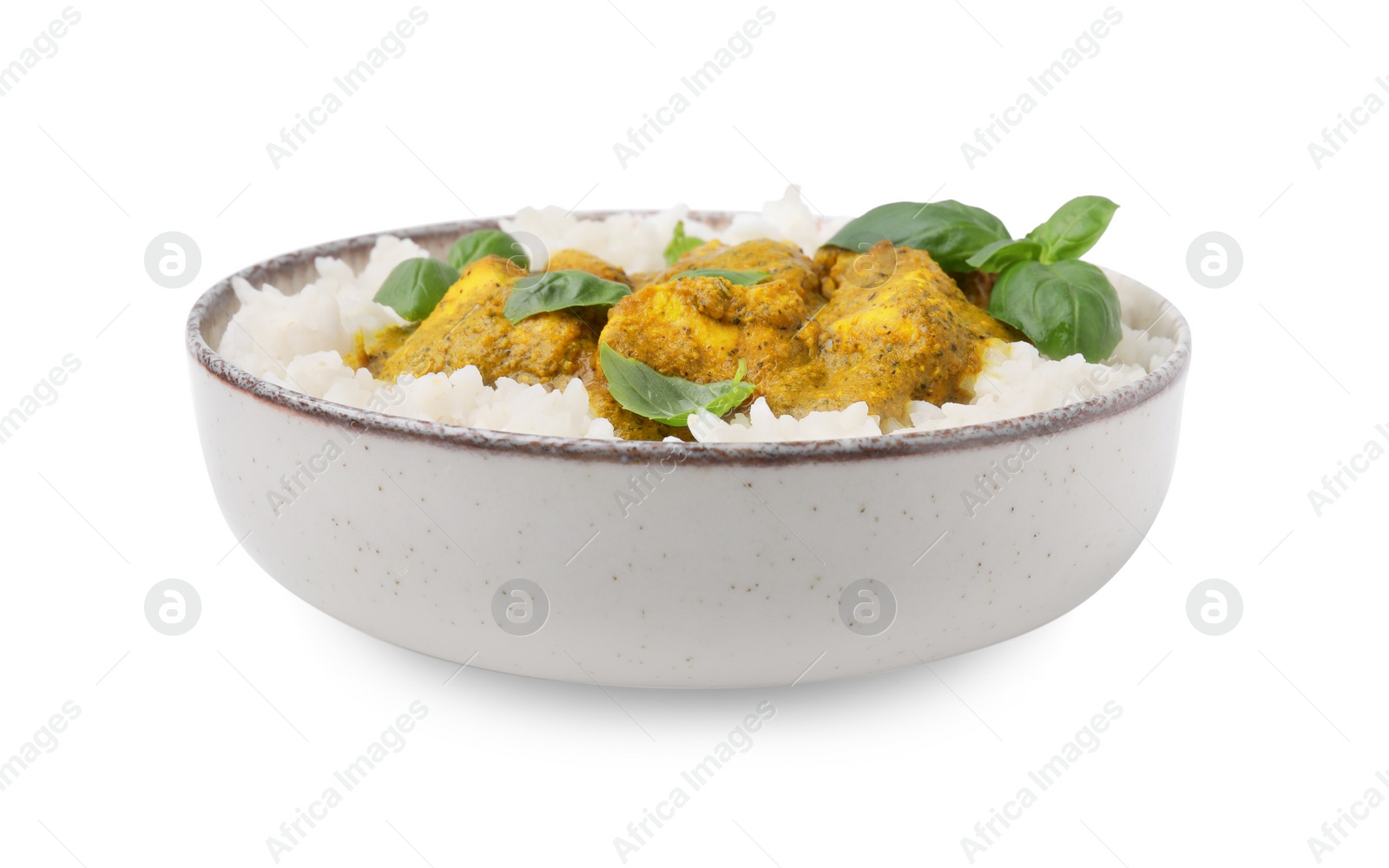 Photo of Delicious rice and chicken with curry sauce isolated on white