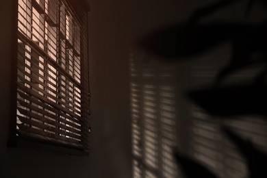 Photo of Window with horizontal blinds in room. Space for text