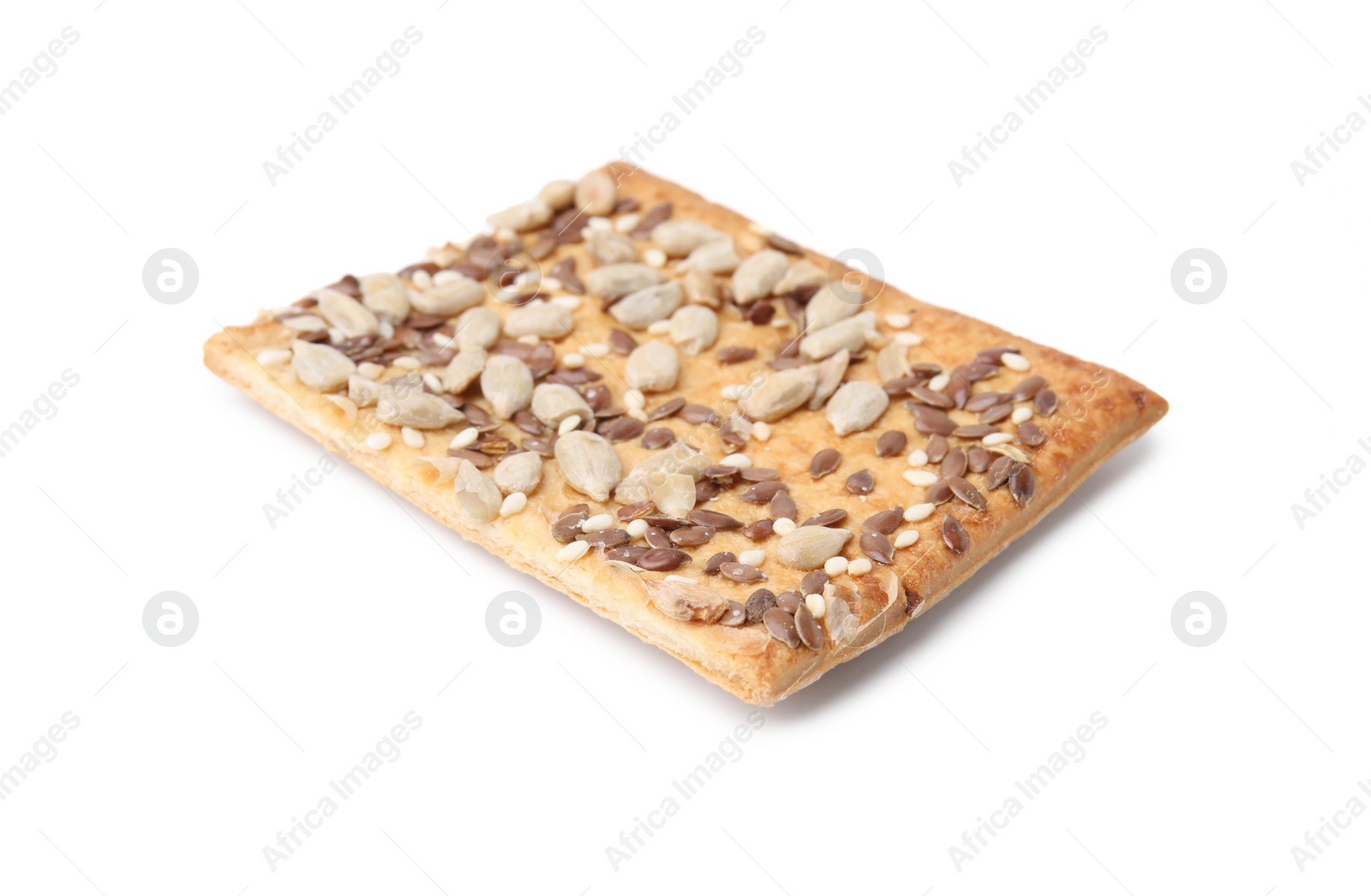 Photo of Cereal cracker with flax, sunflower and sesame seeds isolated on white