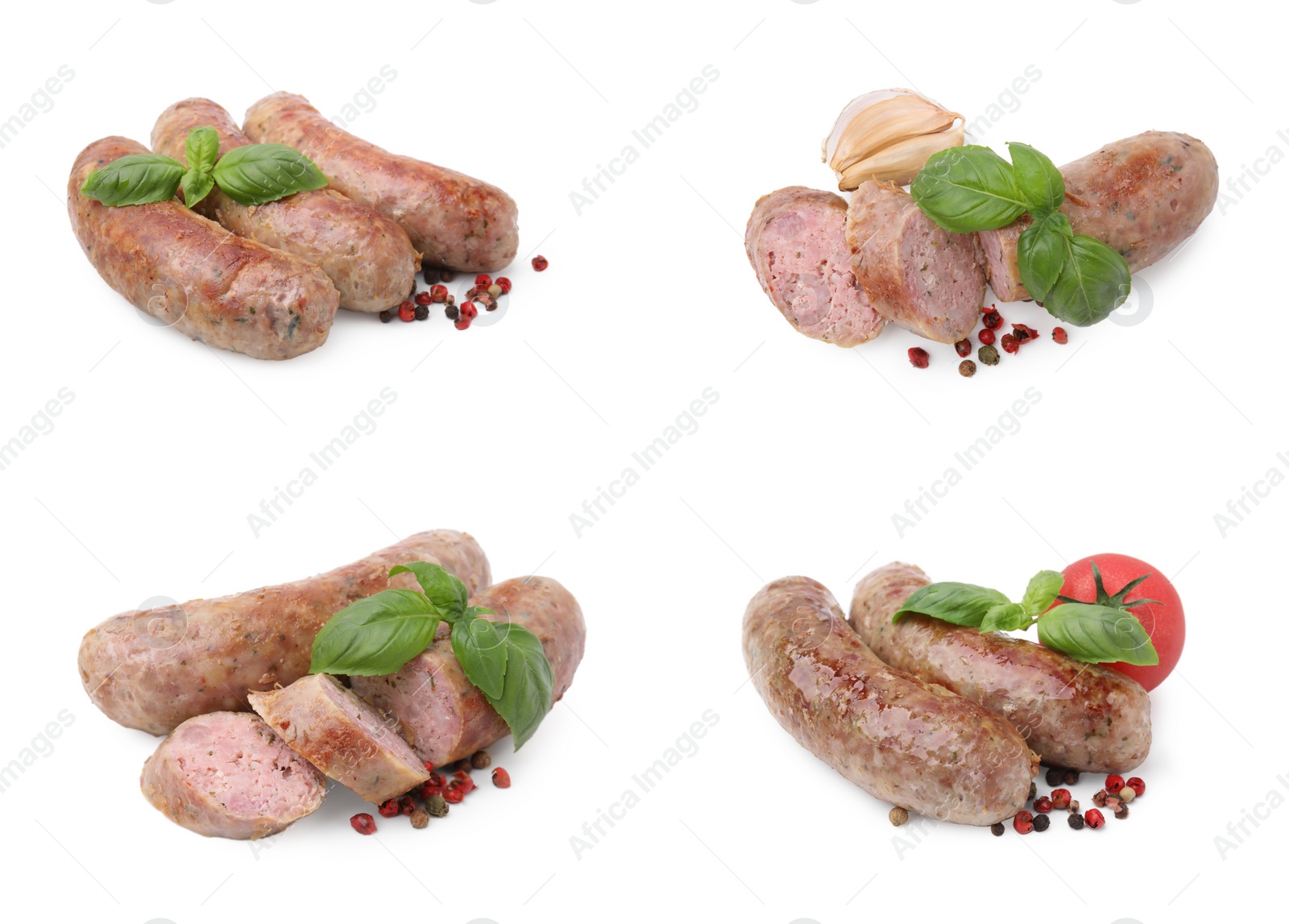 Image of Tasty homemade sausages with basil and spices isolated on white, set