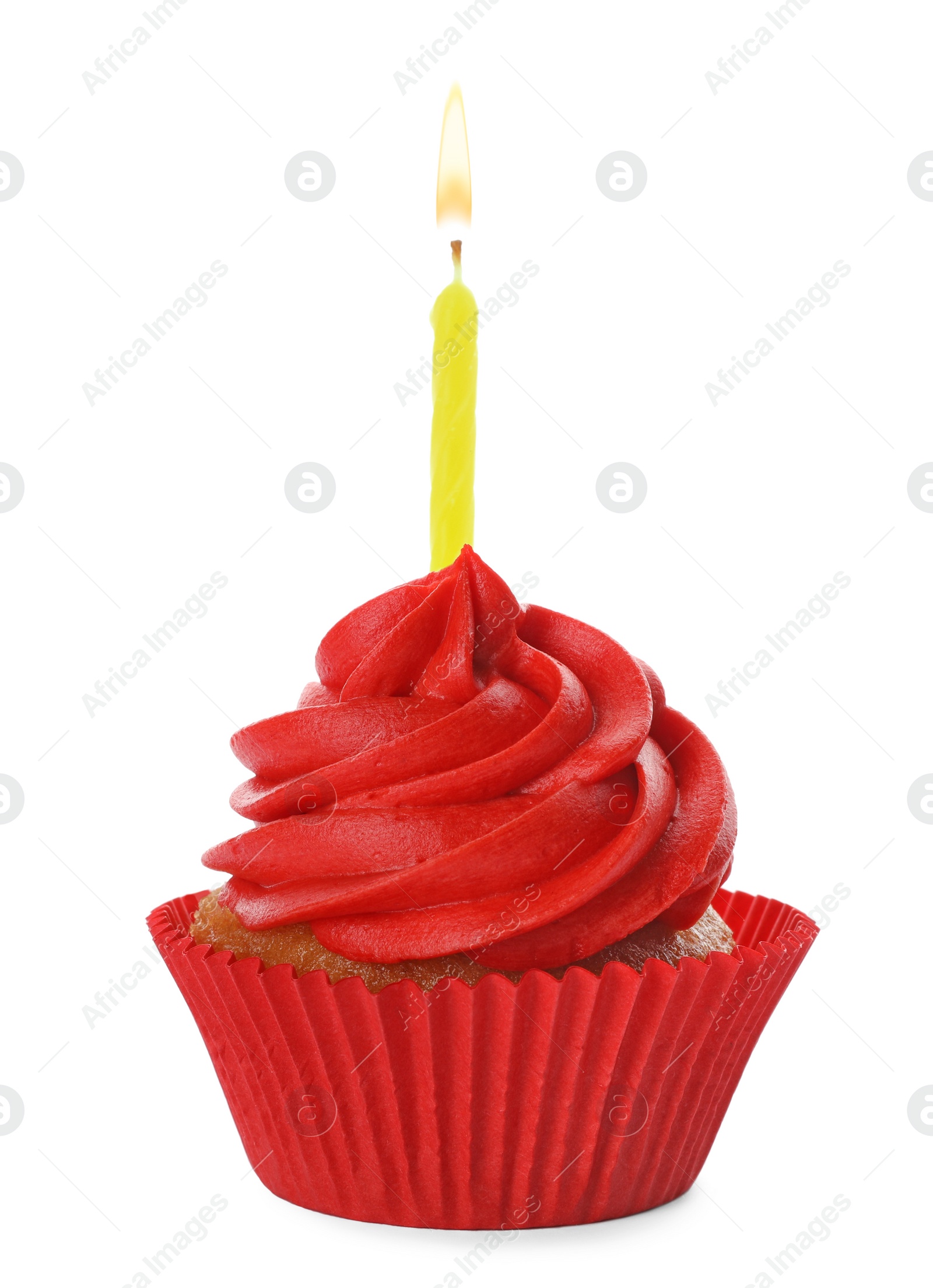 Photo of Delicious birthday cupcake with candle and red cream isolated on white