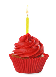 Photo of Delicious birthday cupcake with candle and red cream isolated on white